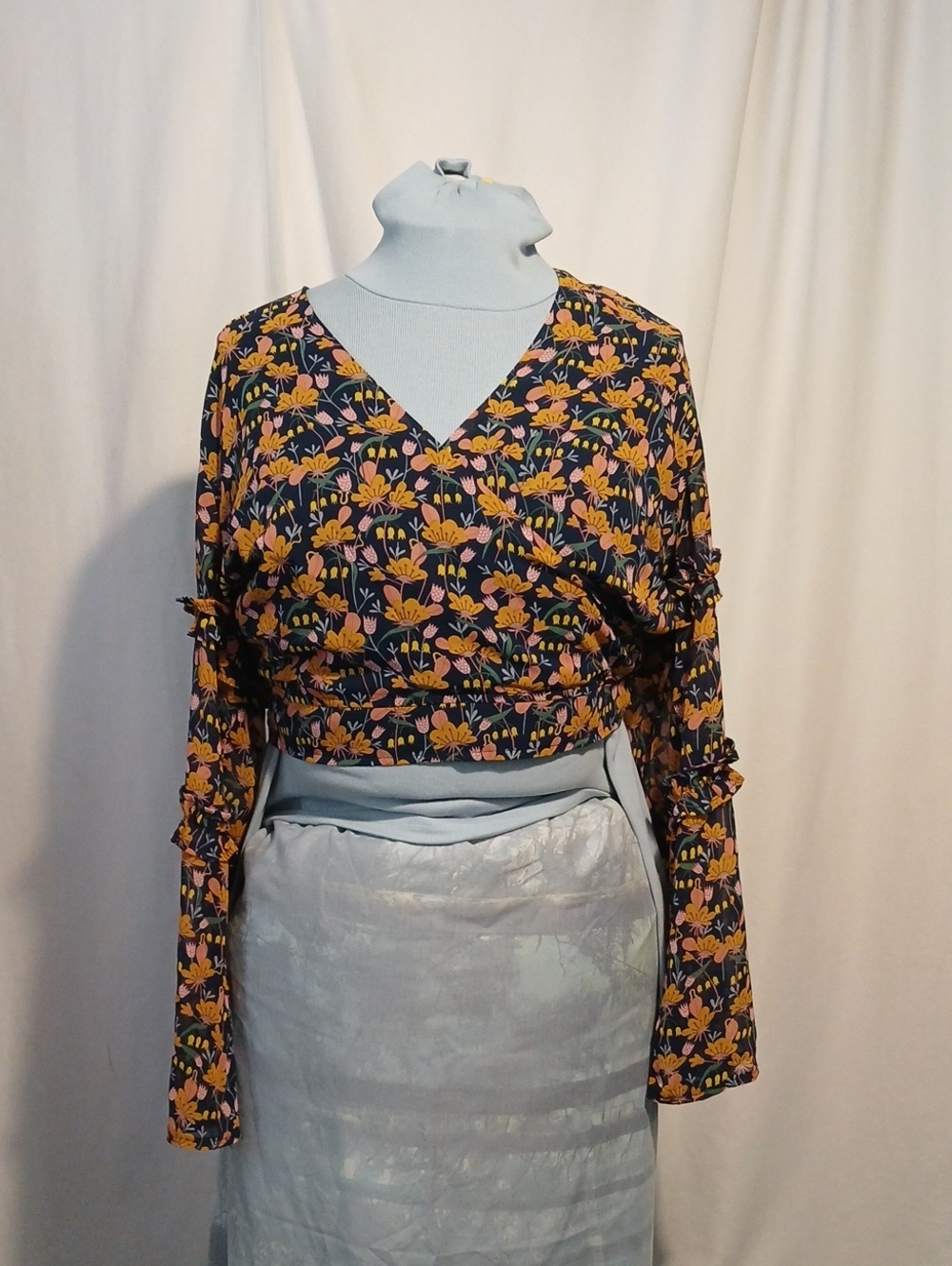 Kendall & Kylie Navy Floral Wrap Crop Top with Yellow & Pink Flowers